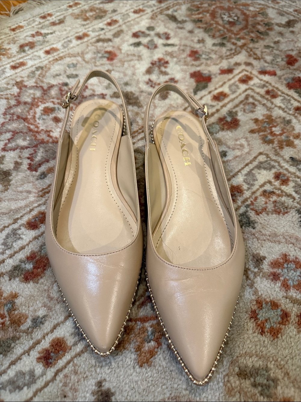 Coach Women's Beige Pointed Leather Slingback Flats with Gold Trim